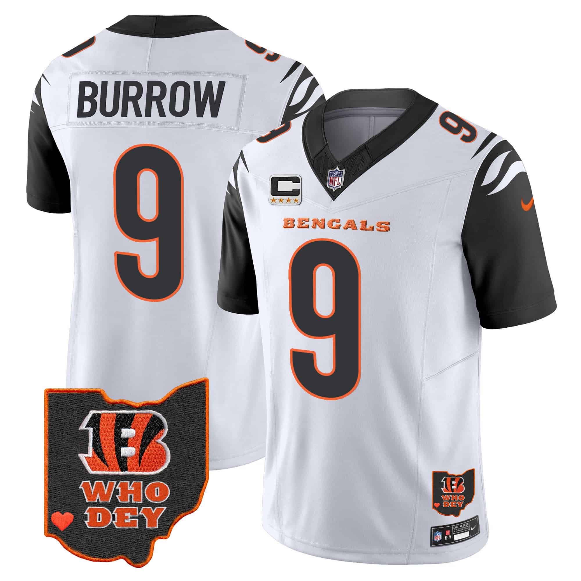 Men Cincinnati Bengals #9 Burrow White 2024 Nike Patch Vapor Limited NFL Jersey style 1